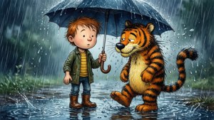 一個穿著靴子的男孩為一隻站在雨水浸濕的水坑中的微笑老虎撐傘。