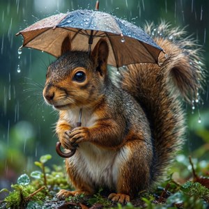 松鼠在雨中拿著雨傘，站在長滿苔蘚的地面上