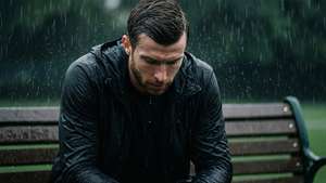 一個穿著黑色雨衣的男人在暴雨中坐在濕漉漉的木長椅上。