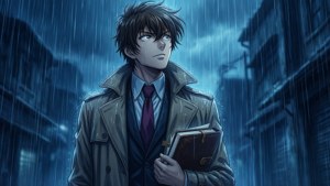 年輕男子身穿風衣拿著書站在雨中的城市小巷夜間