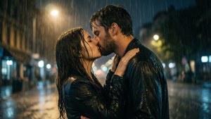 一個男人和一個女人在雨中，在濕漉漉的城市街道上接吻。