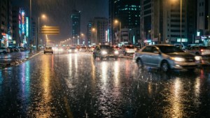 夜晚城市街道，有雨和移動的車輛在濕路面上反射霓虹燈光