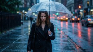 女子手持透明雨傘在雨夜城市中行走，濕漉漉的人行道和車燈反射