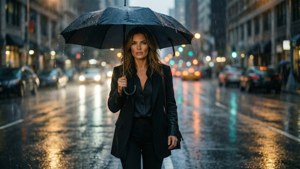 身穿黑色西裝的女人手持雨傘在雨夜的城市街道上行走，車燈在濕漉漉的路面上反射