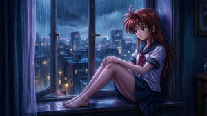 一個紅髮動漫女孩穿著校服，赤腳坐在下雨的窗台上，眺望夜晚的城市。