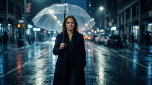 黑衣女子撐透明傘在夜間雨街行走