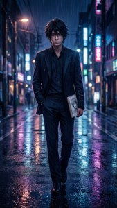 一個穿著深色西裝的男人在濕漉漉的霓虹燈城市街道上行走，拿著一本書。