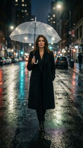 女子手持透明雨傘在雨夜城市中行走，濕漉漉的人行道反射
