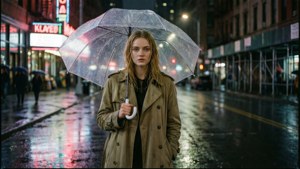 穿著風衣的女性在夜晚雨中城市街道上撐著透明雨傘，霓虹燈光反射在濕漉漉的人行道上
