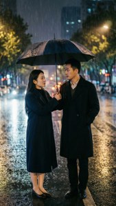 一男一女在雨夜的街道上共用一把雨傘。
