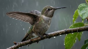 一隻蜂鳥在暴風雨中棲息在濕樹枝上，周圍有水滴落下。