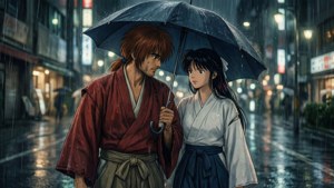 一男一女身穿傳統長袍，在夜間城市街道上，在傾盆大雨中共享一把雨傘。