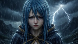 一個藍髮動漫女孩在暴風雨中哭泣，背景有閃電。