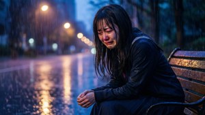 一個女人在夜晚的雨中坐在濕透的長椅上哭泣，背後有街燈閃爍。