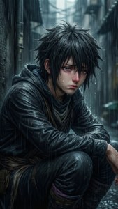 一個年輕男子在雨中小巷哭泣，穿著濕透的連帽衫