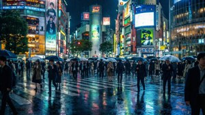 人們撐著雨傘在夜晚明亮的霓虹燈下穿過東京潮濕的街道。