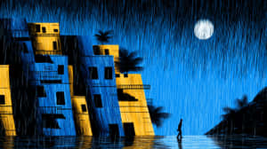 一個人在滿月下的夜雨中行走，附近有色彩繽紛的建築物和棕櫚樹