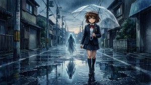 一個穿著校服的女孩在雨中撐傘行走，身後有一個鬼魂。