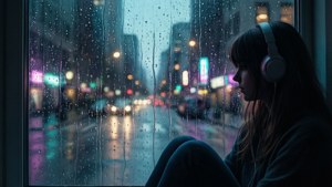 年輕女子戴著耳機從雨窗望向夜晚發光的城市街道