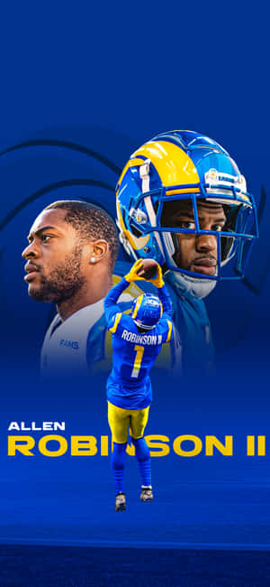 身穿Rams球衣的足球運動員Allen Robinson II脫下頭盔跳躍。