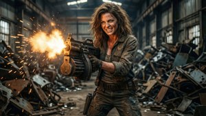 一個女人在廢車場發射機關槍，火花四濺