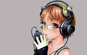 戴眼鏡和耳機的動漫女孩拿著麥克風。 — 動畫 壁紙