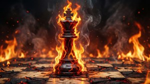 一個燃燒的國際象棋國王在焦黑的棋盤上，被火焰和煙霧包圍。