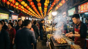 夜市，人們走過在燈籠下燒烤串燒的食物攤檔