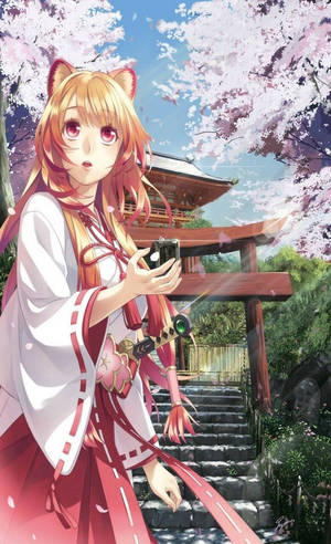 貓耳動漫女孩穿著和服，在櫻花下靠近神社手持相機。