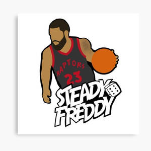 身穿速龍隊球衣的籃球運動員手持帶有「STEADY FREDDY」文字和骰子的籃球。 — 黑白藝術 壁紙