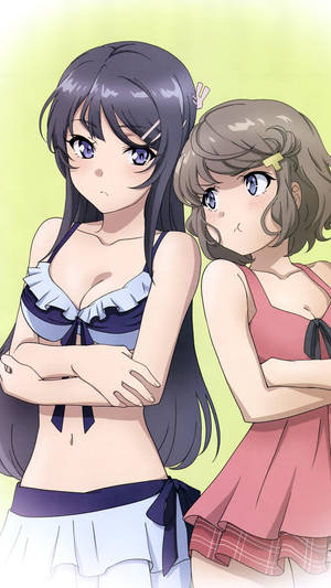 兩個動漫女孩交叉雙臂穿著夏季服裝站在綠色背景前。
