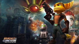Ratchet 和 Clank 在科幻遊戲場景中，有發光的外星人和機械。