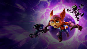 Ratchet 和 Clank 在紫色閃電風暴中飛行的電子遊戲場景。