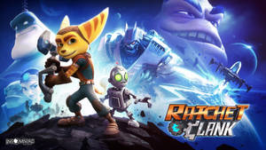 Ratchet 和 Clank 在太空冒險中，背後有外星面孔和太空船。