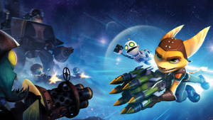 Ratchet 和 Clank 在太空戰鬥中向敵方機械人開火。