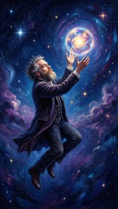 一個留鬍子的男人穿著深色外套漂浮在太空中，伸手觸摸一個發光的星雲。