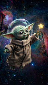小尤達著住太空衣伸手去捉星星，背景係星雲