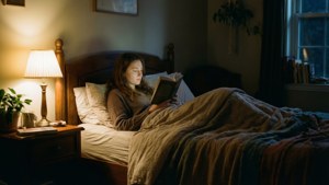 女性在夜間床頭燈下在床上閱讀書籍。
