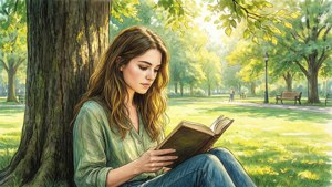 年輕女性在陽光明媚的公園樹下閱讀書籍，有綠草和長椅。