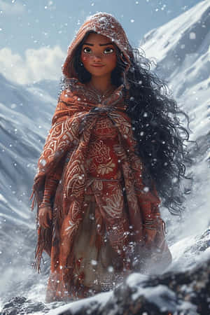 年輕女性穿著橙色圖案斗篷站在雪山中，雪花飄落