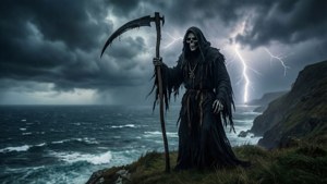 骷髏死神手持鐮刀站在暴風雨懸崖上，俯瞰波濤洶湧的海洋和天空中的閃電