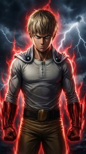 金發動漫戰士在暴風雨天空中被紅色能量和閃電包圍