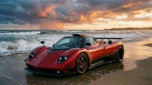 紅色Pagani Zonda跑車停在濕海灘上，有海浪和日落天空