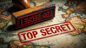 在一張顯示歐洲和非洲的復古世界地圖上，有一個紅色的「TOP SECRET」印章。