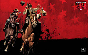 Red Dead Redemption 中紅色星空背景下的兩個武裝牛仔騎在馬背上。