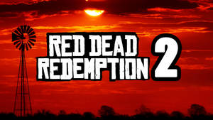 以紅色夕陽同風車剪影為背景嘅Red Dead Redemption 2遊戲標題。