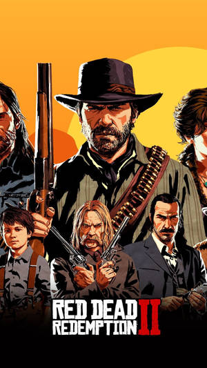 《Red Dead Redemption II》中五個武裝牛仔站在火紅的橙色日落前。