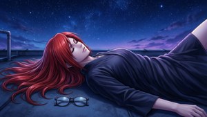 紅髮動漫女孩在星空下的屋頂上睡覺，眼鏡放在旁邊。