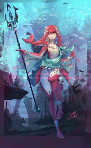 紅髮美人魚戰士在水下手持三叉戟，伴隨著發光粒子和魚類。 — Nubia Flip2 壁紙