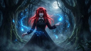紅髮女巫在月光森林中施展藍色魔法